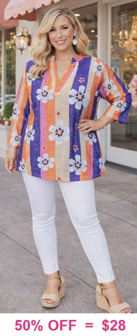 Blue Orange Pink stripe floral top