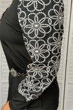 3X : Black top with white flower stitched sleeves