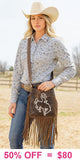 Brown Genuine leather fringe bag bronc rider white stitching design
