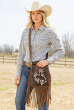 Brown Genuine leather fringe bag bronc rider white stitching design