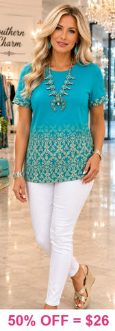 Turquoise Ombre Cream Damask Print Top