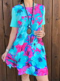 Turquoise & Pink Floral Dress with pockets