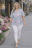 Turquoise & Pink Floral Top flutter sleeves