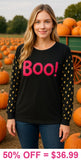 Pink fuzzy BOO top with gold polka dot sleeves