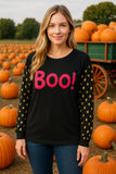 Pink fuzzy BOO top with gold polka dot sleeves