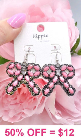 Pink stone bow earrings silver setting