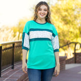 Turquoise Waffle knit top with leopard stripe