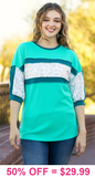 Turquoise Waffle knit top with leopard stripe