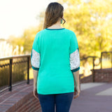 Turquoise Waffle knit top with leopard stripe