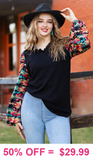 Black Waffle Knit Top With Printed Bubble Sleeves