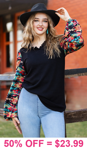 Black Waffle Knit Top With Printed Bubble Sleeves