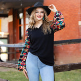 Black Waffle Knit Top With Printed Bubble Sleeves