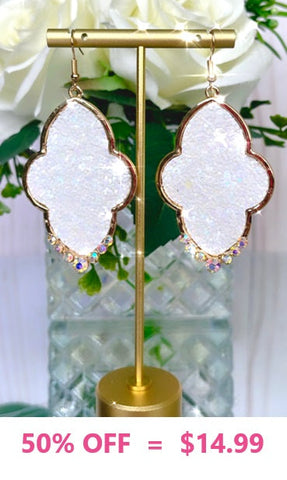 White Glitter Pendant Earrings gold tone