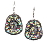 Bling Cowboy Hat Dangle Earrings - silver tone