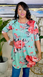 M, L, XL : Mint Scoop Tunic with coral floral print