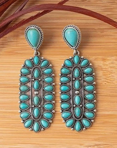 Turquoise Oval Multi Stone Concho Earrings in silver tone