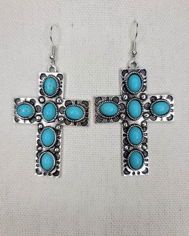 Turquoise Stone, Wide Cross, Earrings in silver tone