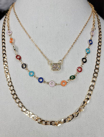 Colorful, Gold Link, Tiny Crystal pendant, 3 Strand Necklace