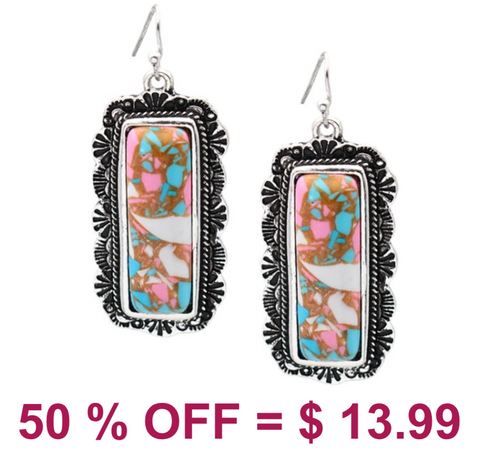 Western Rectangular Cotton Candy Stone Earrings
