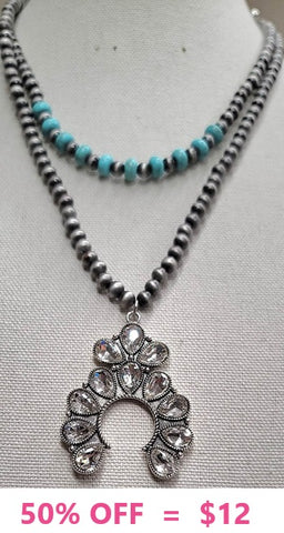 Silver and Turquoise 2 strand Necklace with small bling squash pendant