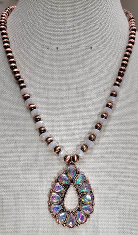 Copper and Cream Necklace with small bling teardrop pendant