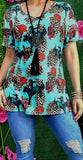 Turquoise Bronc design top, Cactus, Leopard short sleeve top