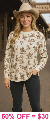 Western print long sleeve cream top