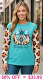 Howdy Fall Turquoise Top w/ pumpkin & leopard sleeves