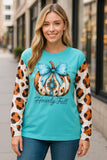 Howdy Fall Turquoise Top w/ pumpkin & leopard sleeves