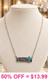 Turquoise cross tooled silver bar pendant necklace