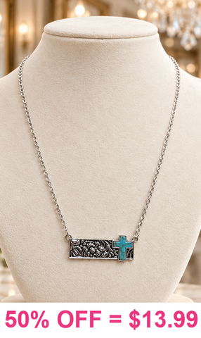 Turquoise cross tooled silver bar pendant necklace
