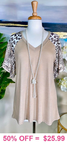 Taupe Top with leopard sleeves