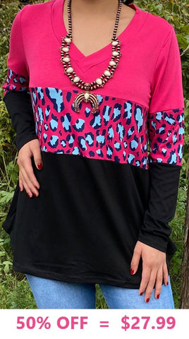 L, 3X : Pink, Turquoise Leopard, Black long sleeve top