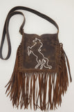 Brown Genuine leather fringe bag white stitching horse design