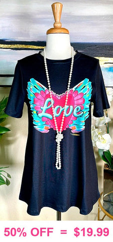 Pink Heart LOVE Turquoise wings graphic tee