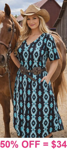 S, M, 3XTurquoise & Black Tribal Dress