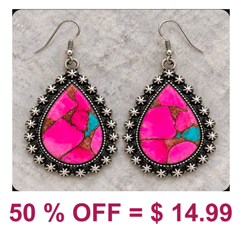 Western Cotton Candy Teardrop Stone Filigree Frame Earrings