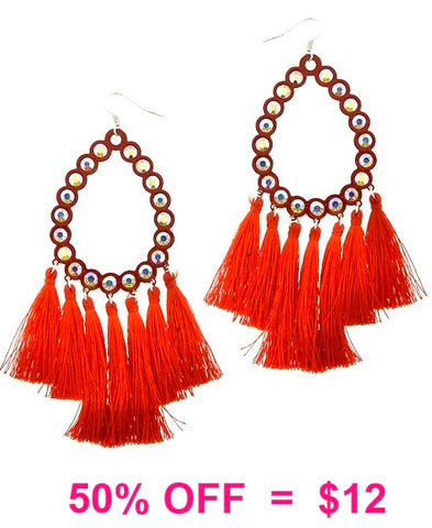 Red Gala Bling Teardrop Outline Large Earrings with Tassels