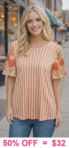 Orange stripe top embroidery sleeves