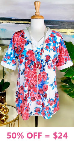 White V-Neck Top with Pink & Blue floral print