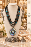 Silver Navajo Pearl & Turquoise beaded necklace with Bling concho pendant