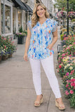 L, XL, 2X, 3X Light Blue Floral Top Ruffle Cap Sleeve