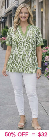 Green print v-neck top