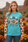 Howdy Fall Turquoise Top w/ pumpkin & leopard sleeves
