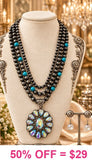 Silver Navajo Pearl & Turquoise beaded necklace with Bling concho pendant