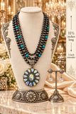 Silver Navajo Pearl & Turquoise beaded necklace with Bling concho pendant