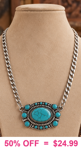 Turquoise Concho Pendant Silver Chain Necklace