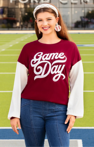 GAME DAY white sequin long sleeve - maroon