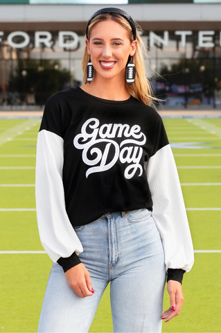 GAME DAY white sequin long sleeve - black