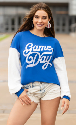 GAME DAY white sequin long sleeve - blue